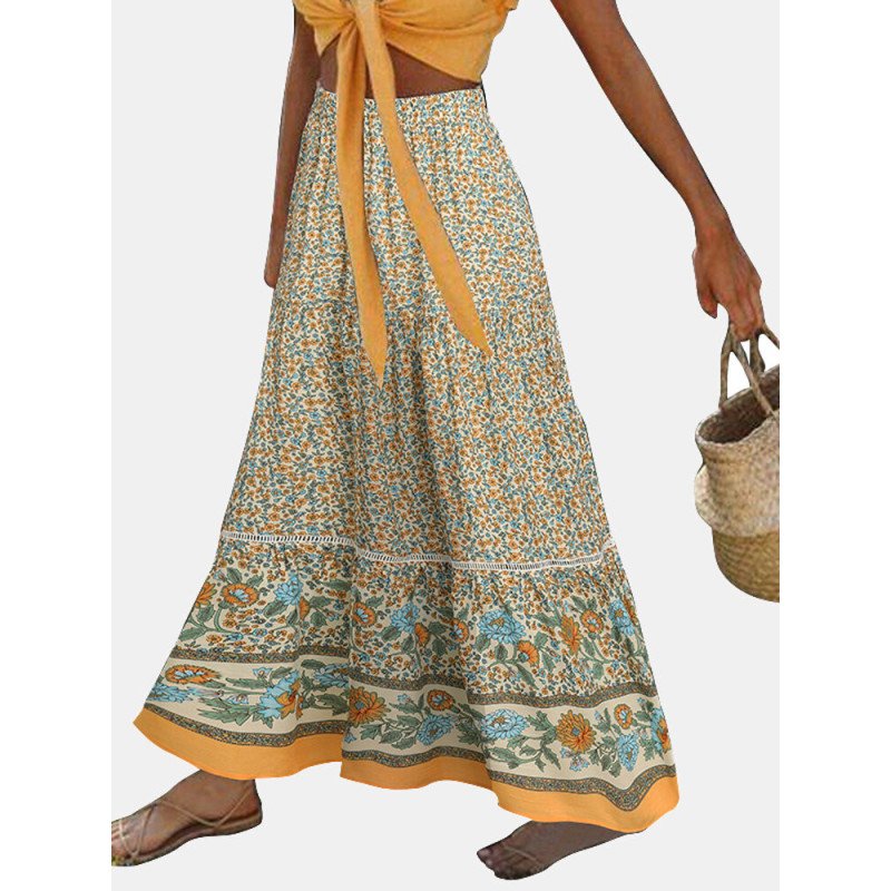 Bohemian Floral Printed Belt Elastic Waist Long Skirt