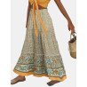Bohemian Floral Printed Belt Elastic Waist Long Skirt