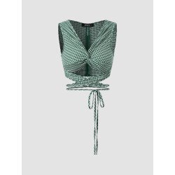 Check Print Cut Out Twisted Lace Up Crop Tank Top