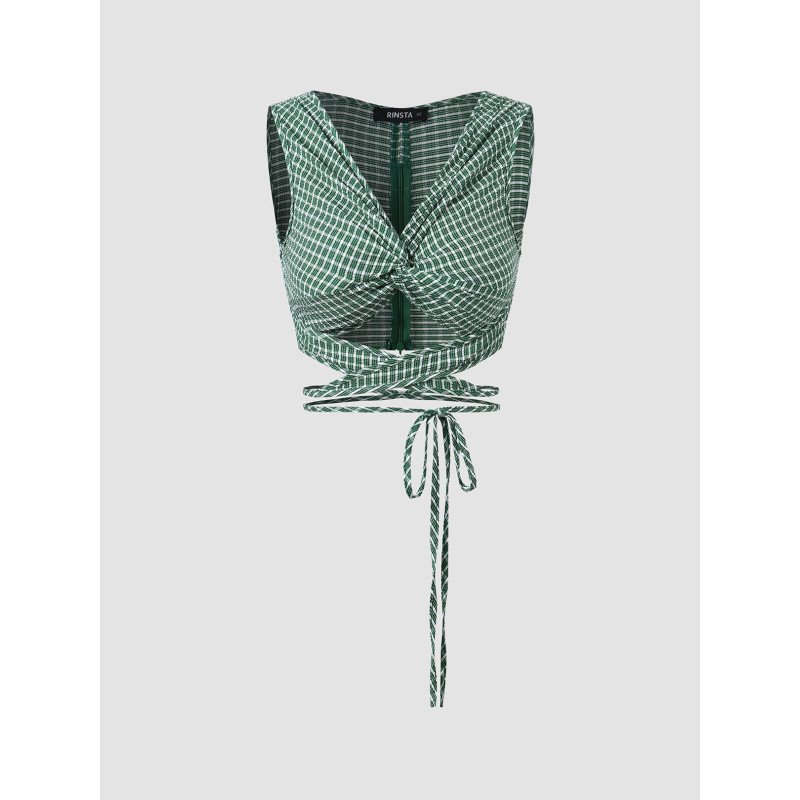 Check Print Cut Out Twisted Lace Up Crop Tank Top