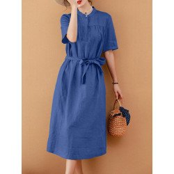Solid Short Sleeve Stand Collar Dress With Belt