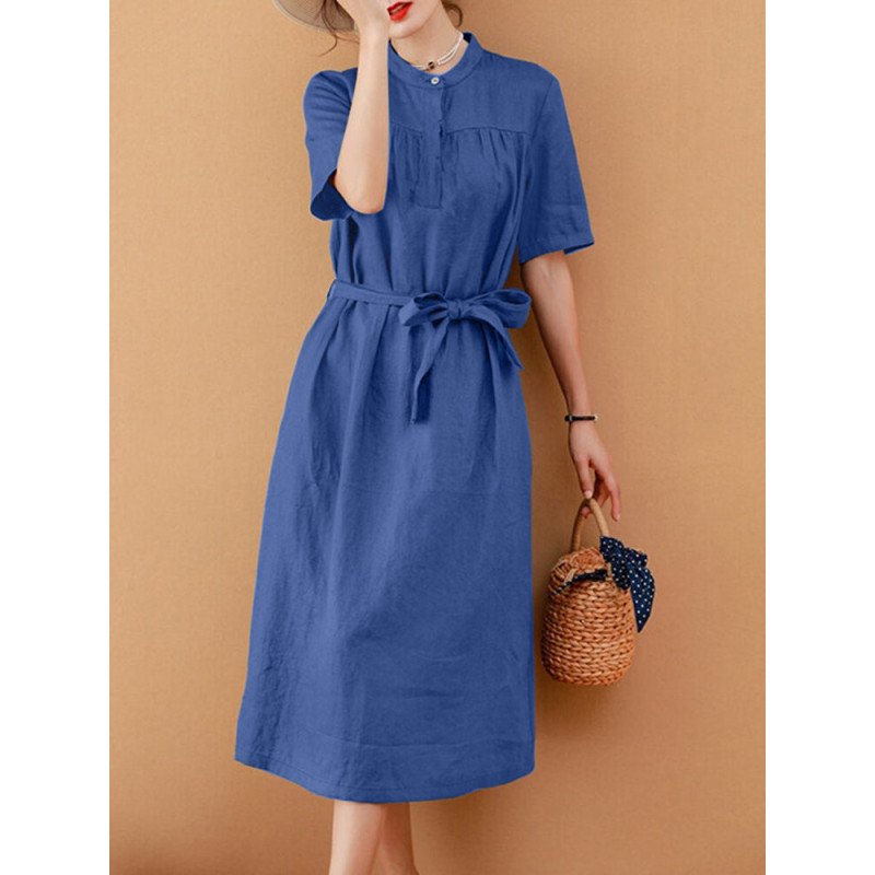 Solid Short Sleeve Stand Collar Dress With Belt
