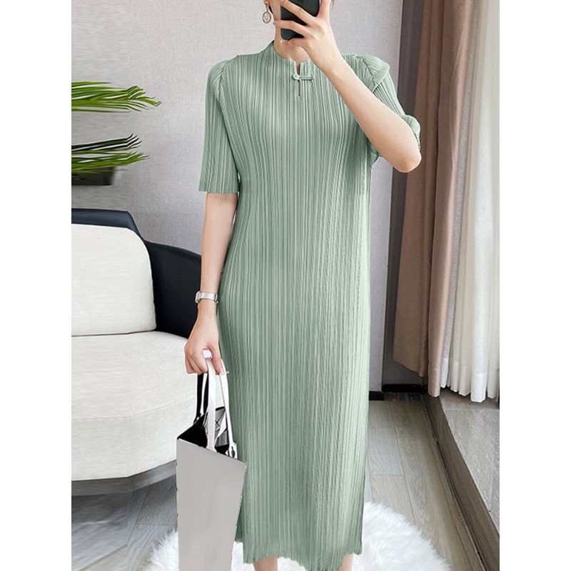 Solid Textured Frog Button Half Sleeve Crew Neck Dress
