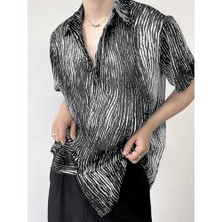 Mens Watercolor Striped Print Lapel Short Sleeve Shirt