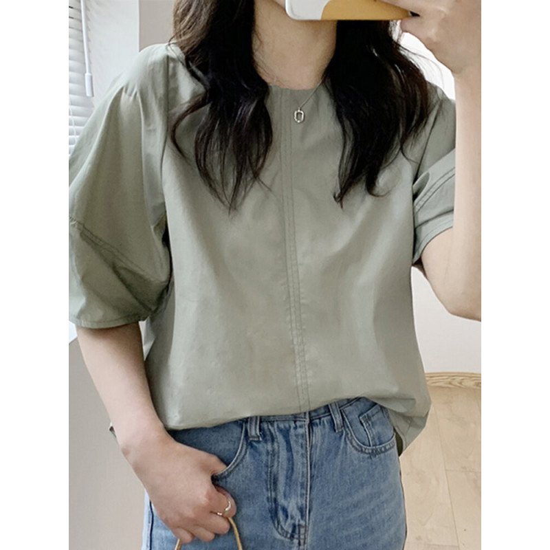 Solid Half Sleeve Back Buttons O Neck Casual Blouse