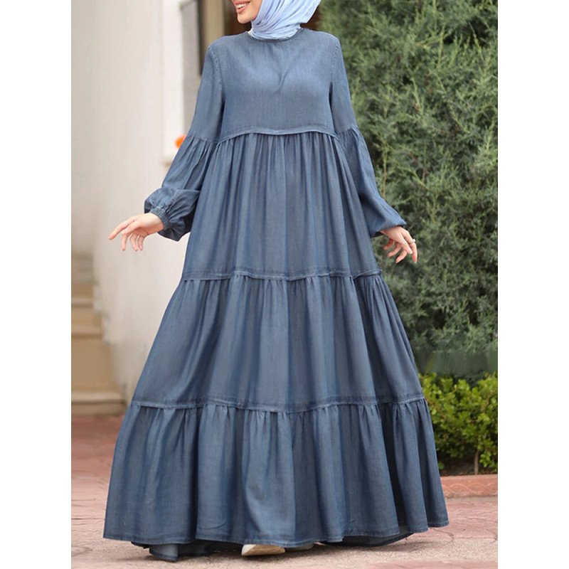 Muslim Solid Color Long Shirt Sundress Casual Pleated Maxi Dress