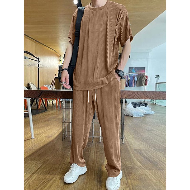 Mens Pleated Round Neck T-shirt Shorts Set