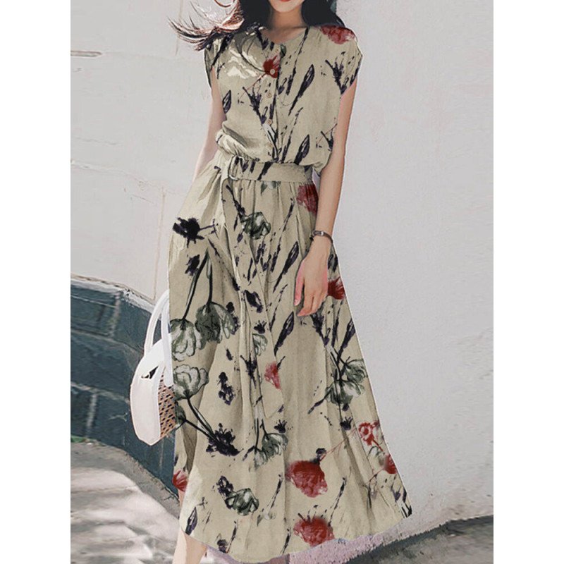 Random Allover Flower Print Button Front Dress With Belt
