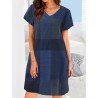 Check Pattern Short Sleeve V-neck Dress For Women