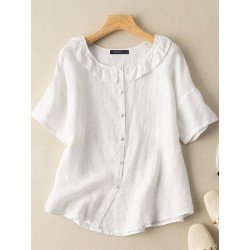 Ruffle Crew Neck Solid Short Sleeve Button Front Blouse