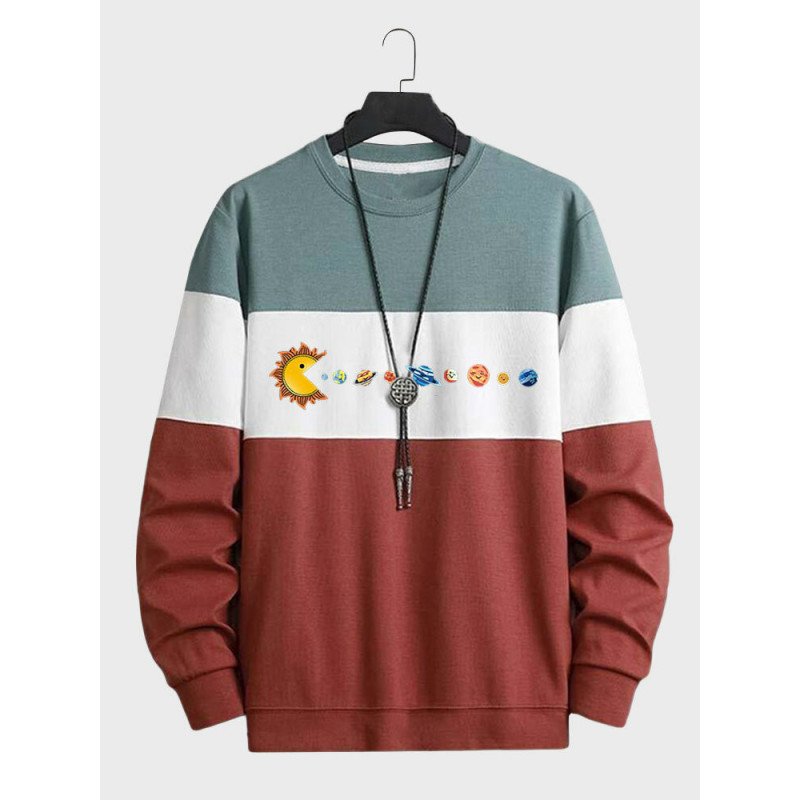 Mens Cartoon Planet Print Color Block Patchwork Pullover Sweatshirts