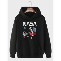 Mens Cartoon Alien Astronaut Print Kangaroo Pocket Drawstring Hoodies