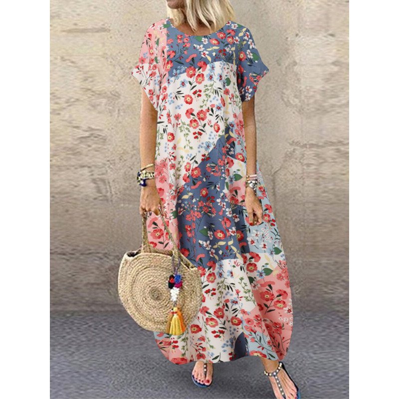 Floral Print Patchwork Short Sleeve A-line Plus Size Dress