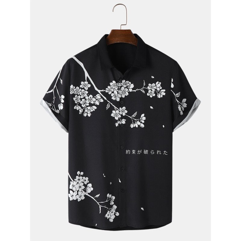 Mens Monochrome Japanese Cherry Blossoms Print Lapel Short Sleeve Shirts
