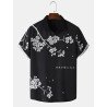 Mens Monochrome Japanese Cherry Blossoms Print Lapel Short Sleeve Shirts