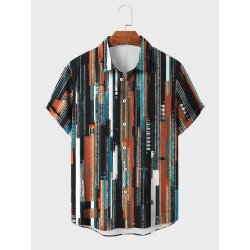 Mens Colorful Striped Print Lapel Holiday Short Sleeve Shirts