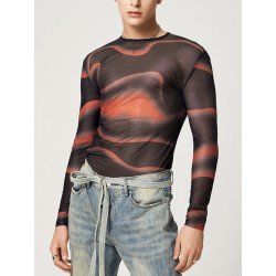 Mens Sheer Mesh Swirl Print Skinny T-Shirt