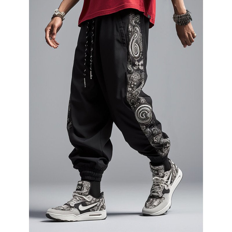 Mens Ethnic Paisley Print Patchwork Loose Drawstring Jogger Pants