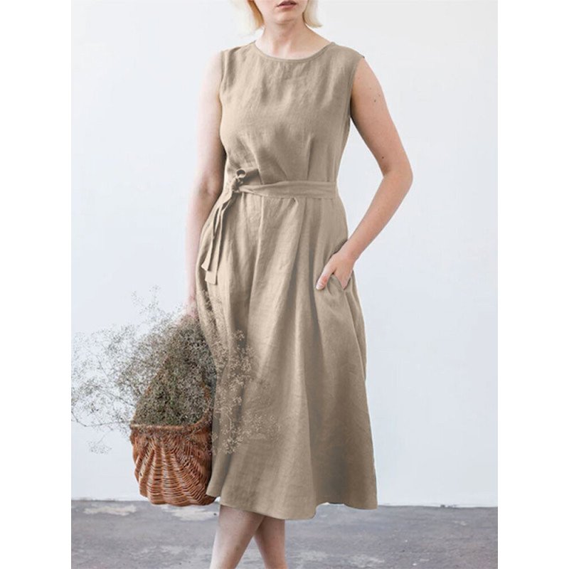 Solid Sleeveless Pocket Crew Neck Dress With Belt