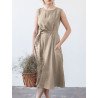 Solid Sleeveless Pocket Crew Neck Dress With Belt