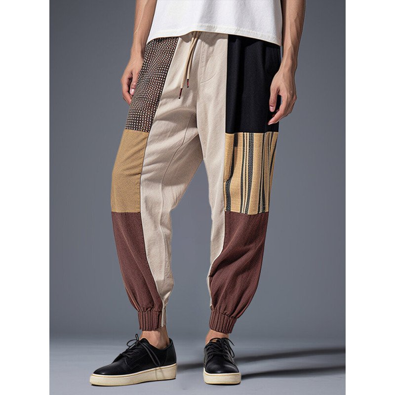 Mens Color Block Patchwork Casual Drawstring Waist Pants