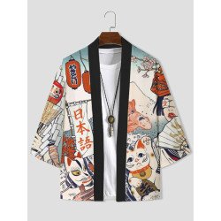 Mens Japanese Figure Ukiyoe Print Loose 3/4 Sleeve Kimono