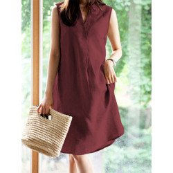 Solid Sleeveless V-neck Dress For Women