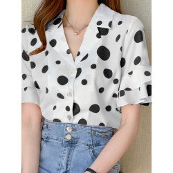 Dot Print Tiered Ruffle Sleeve Button Front Lapel Blouse