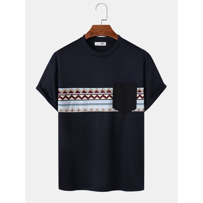 Mens Chevron Pattern Stitching Crew Neck Ethnic Short Sleeve T-Shirts