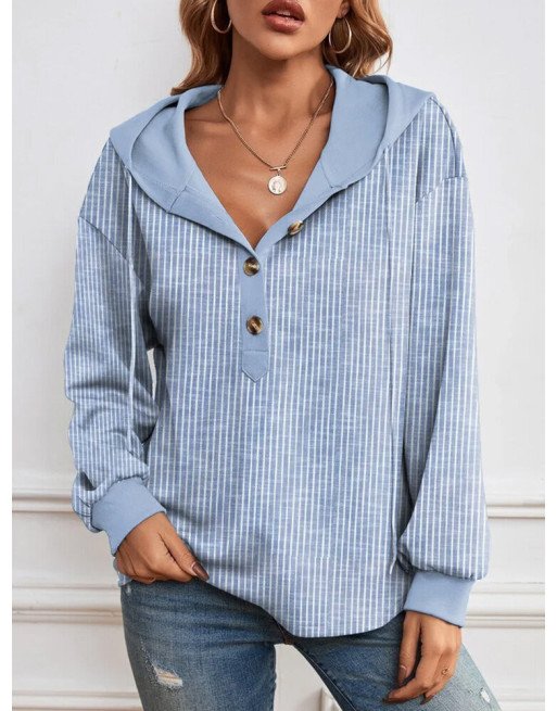 Women Striped Quarter Button Long Sleeve Casual Drawstring Hoodie