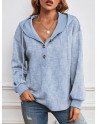 Women Striped Quarter Button Long Sleeve Casual Drawstring Hoodie