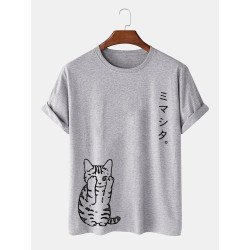 Mens Cute Japanese Cat Print Crew Neck Short Sleeve T-Shirts