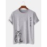 Mens Cute Japanese Cat Print Crew Neck Short Sleeve T-Shirts