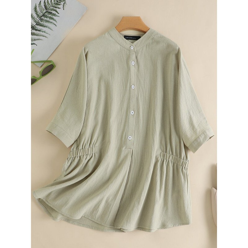 Solid Loose Button Front Stand Collar Half Sleeve Blouse