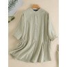 Solid Loose Button Front Stand Collar Half Sleeve Blouse