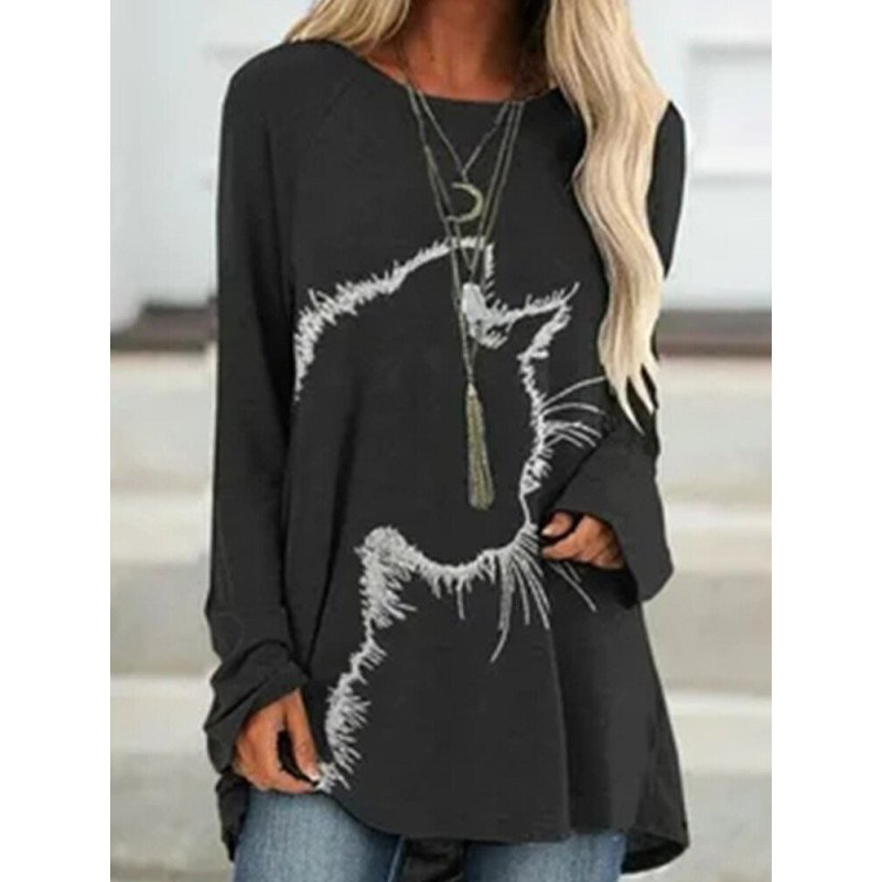 Women Cat Graphic Crew Neck Casual Long Sleeve T-Shirt