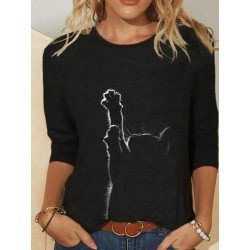 Women Cute Cat Graphic Crew Neck Long Sleeve T-Shirt