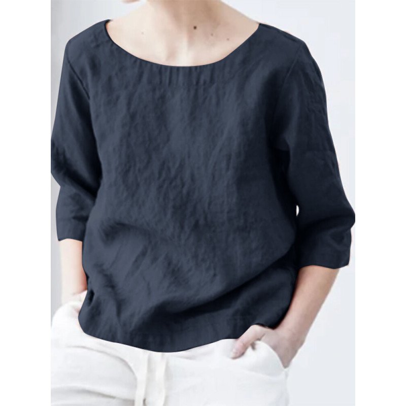Women Solid Crew Neck 3/4 Sleeve Casual Blouse