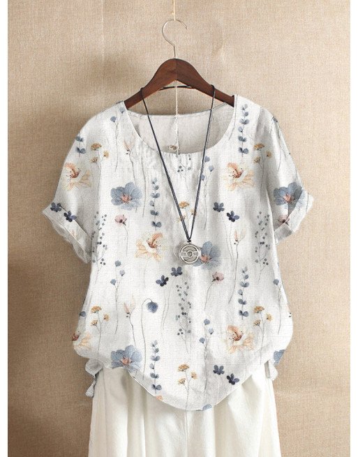 Women Vintage Floral Plant Print Crew Neck Short Sleeve Blouse