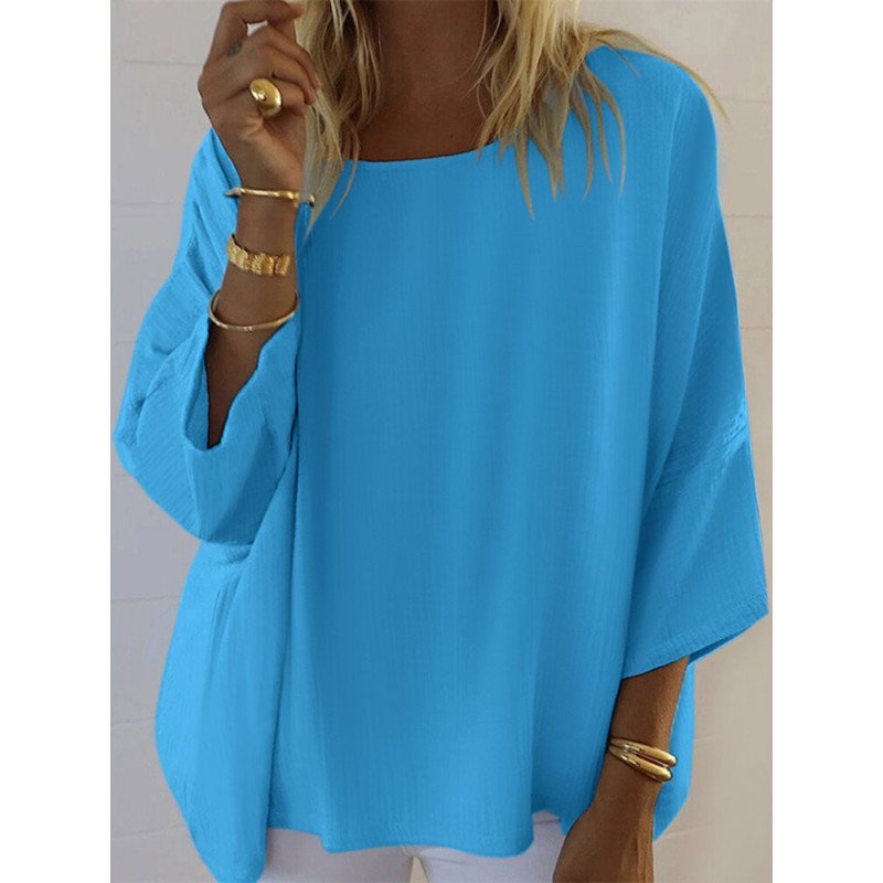 Women Solid Texture Crew Neck Loose 3/4 Sleeve Blouse