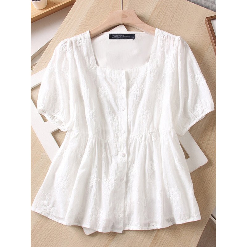 Women Embroidered Square Collar Button Front Cotton Short Sleeve Blouse
