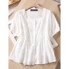 Women Embroidered Square Collar Button Front Cotton Short Sleeve Blouse