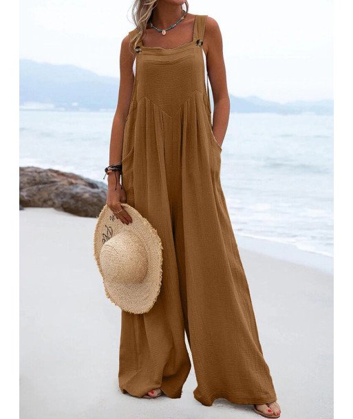 Women Solid Cotton Wide Leg Loose Jumpsuit With Pocket