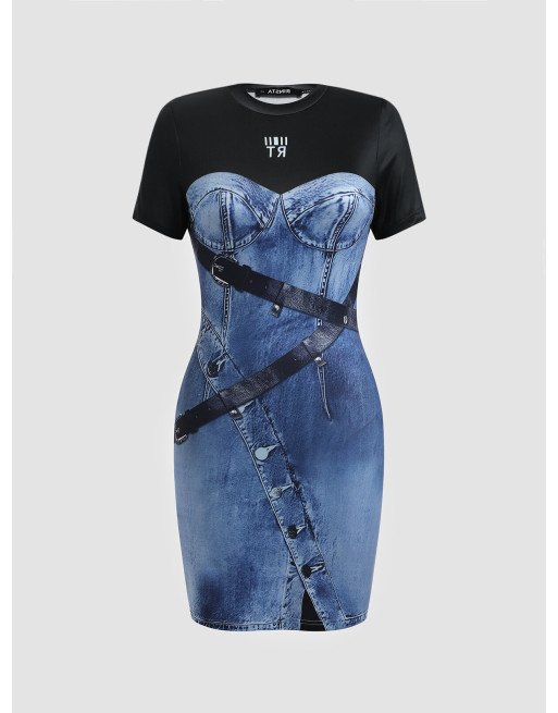 Denim Print Stitch Short Sleeve Crew Neck Casual Dress