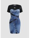Denim Print Stitch Short Sleeve Crew Neck Casual Dress
