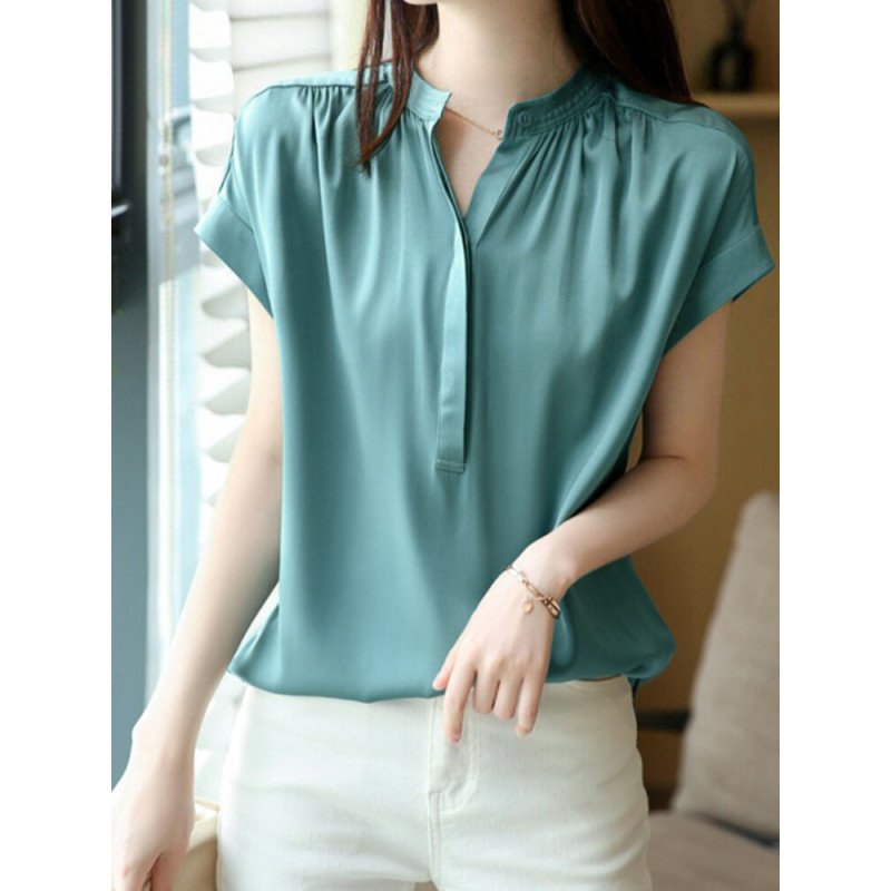 Solid Stand Collar Short Sleeve Blouse For Women