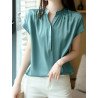 Solid Stand Collar Short Sleeve Blouse For Women
