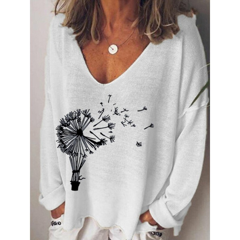 Women Plant Print V-Neck Casual Long Sleeve T-Shirt