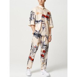 Mens Print Pocket Half Sleeve Two Pieces Suit