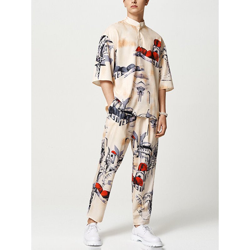 Mens Print Pocket Half Sleeve Two Pieces Suit